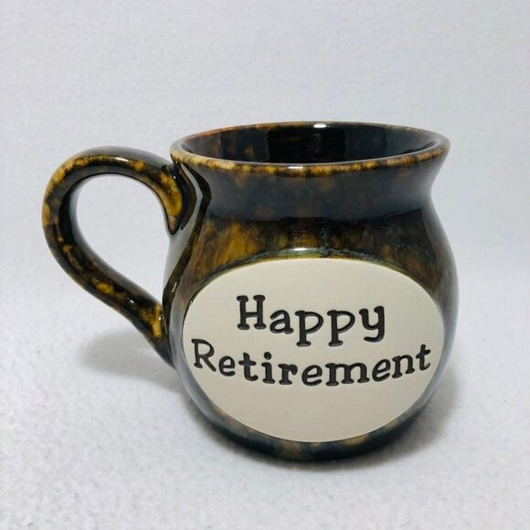 Happy Retirement Present Gift Mug Art 3D Molded Raised Brown Ceramic Work Staff - Picture 1 of 10